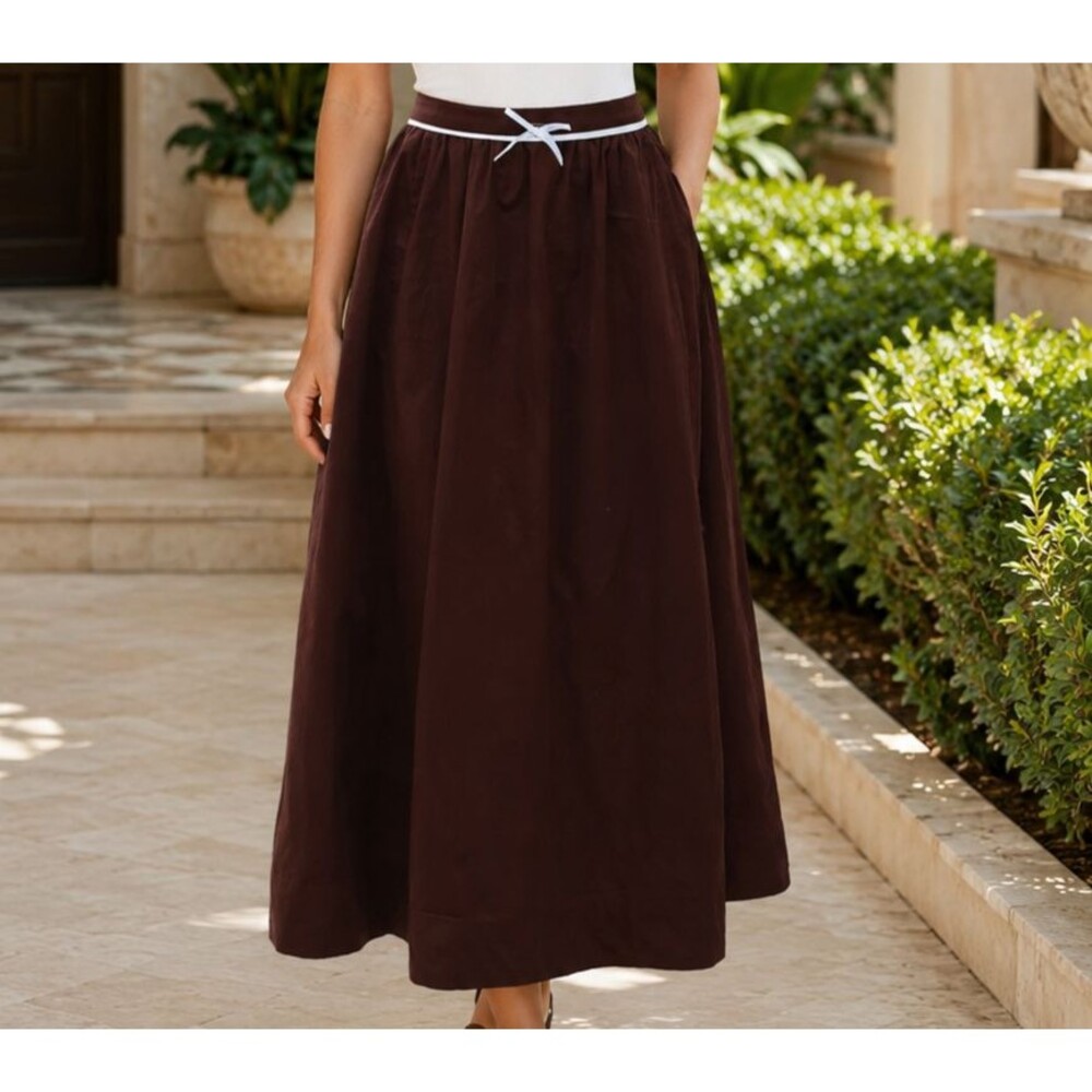 Free People Candy Cane Lane Women's Midi Skirt Pull-On Solid Brown XL 289027